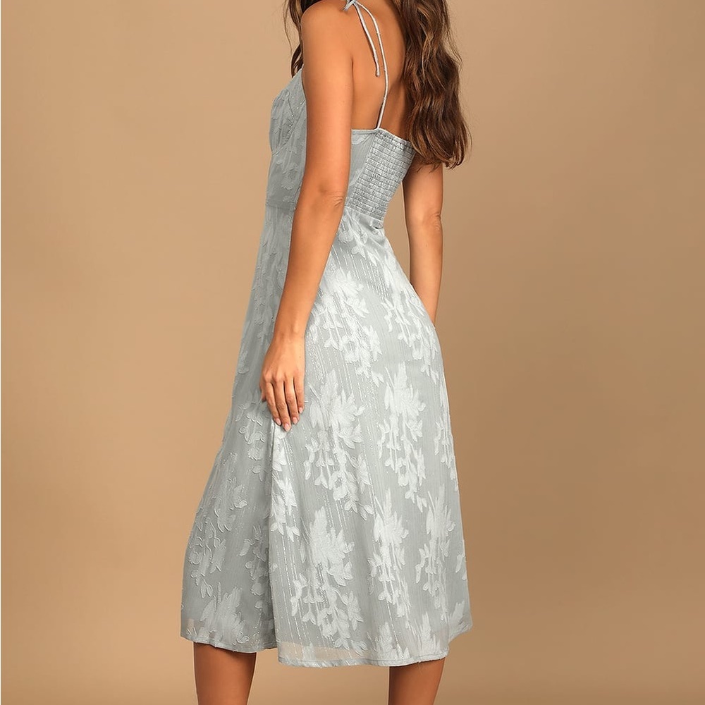 Loveliest Looks Dusty Blue Floral Jacaquard Tie-Strap Modi Dress